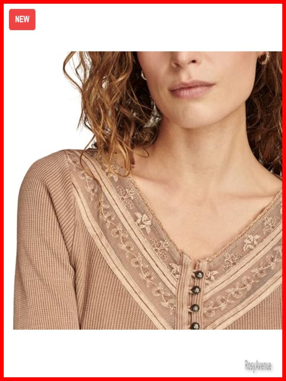 Embroidered Mesh Yoke Henley Top Long Sleeve V-Neck Casual - Picture 5 of 5